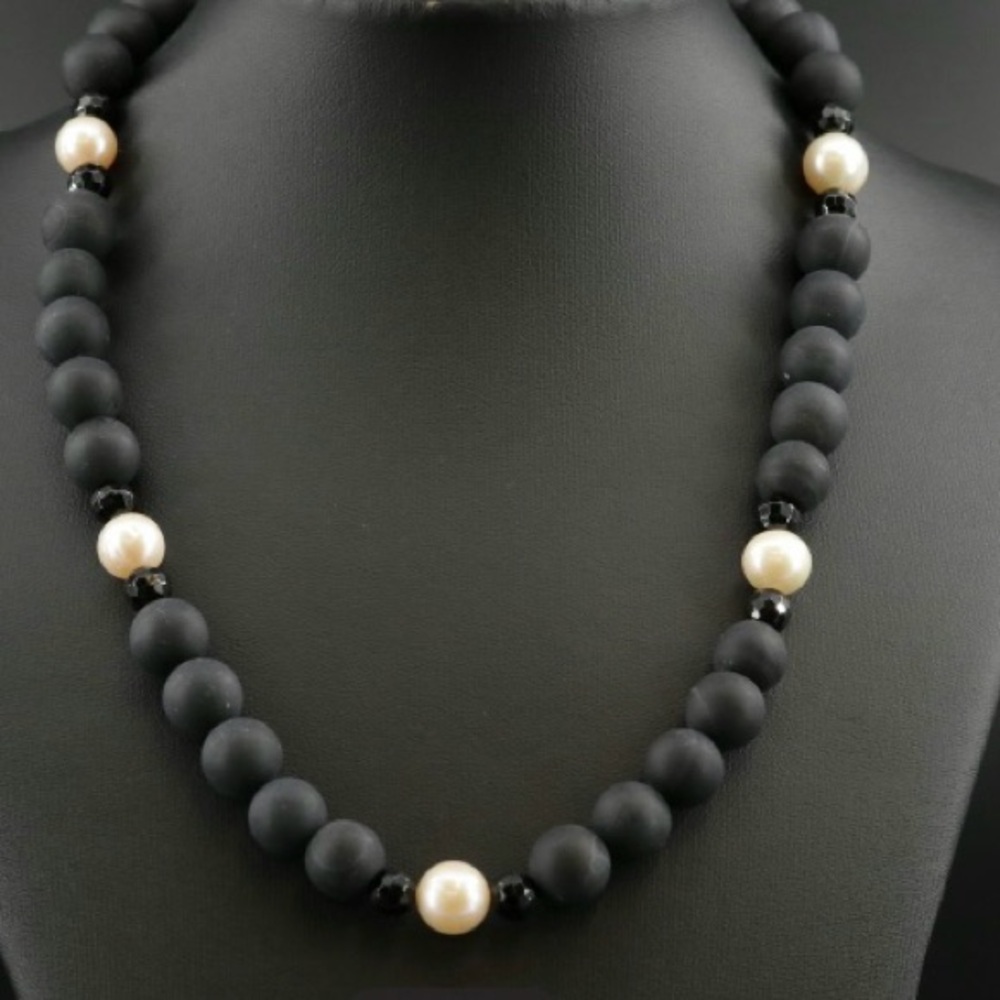 Black Onyx Bead and Cultured Pearl Necklace